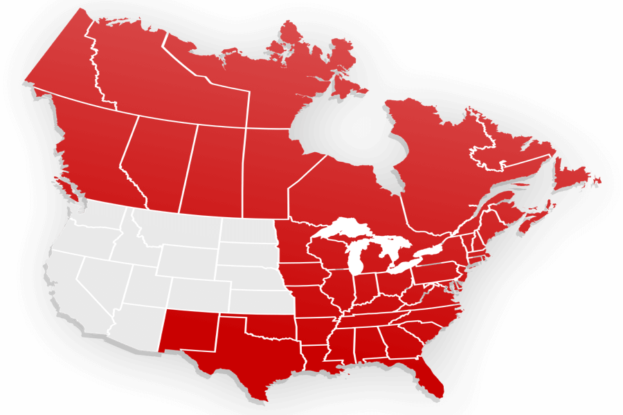 Map of North America highlighting locations of Gordon Food Service