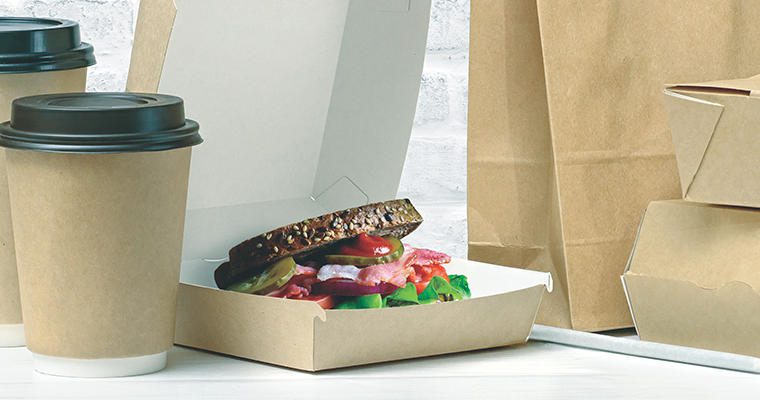 Brown box with sandwich. Fast food packaging. Paper coffee cups