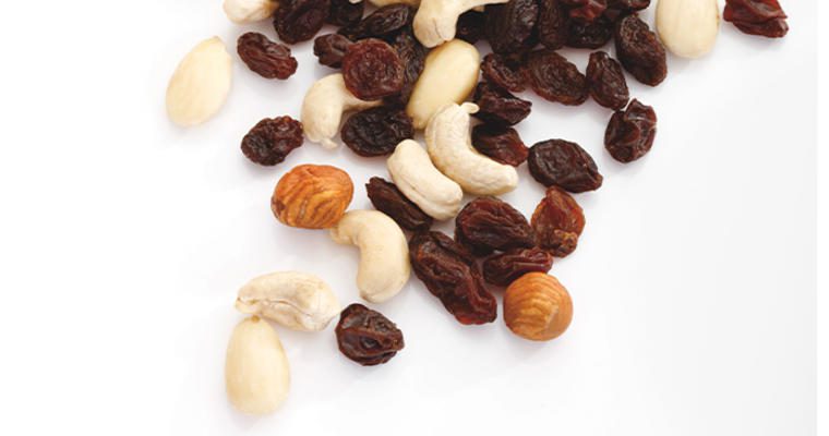 Raisins and nuts in a trail mix