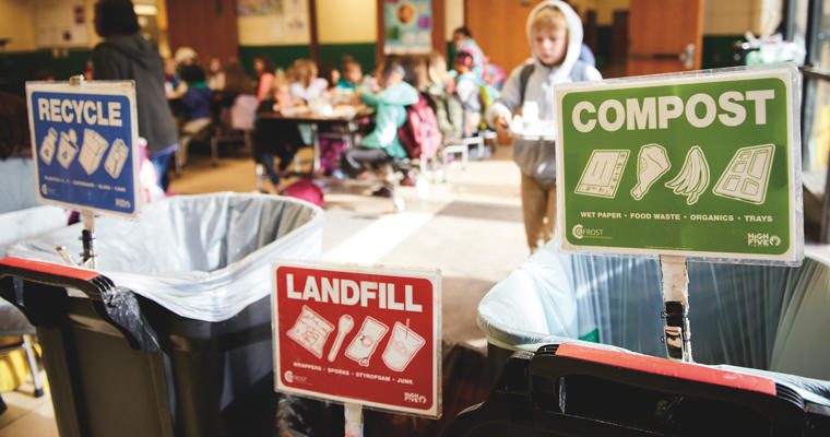 Compost, landfill, and recycle labels in waste bins