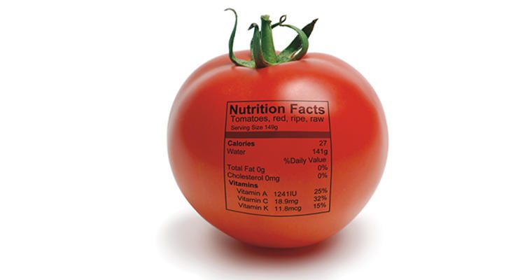 a tomato with a Nutrition Facts label printed on it