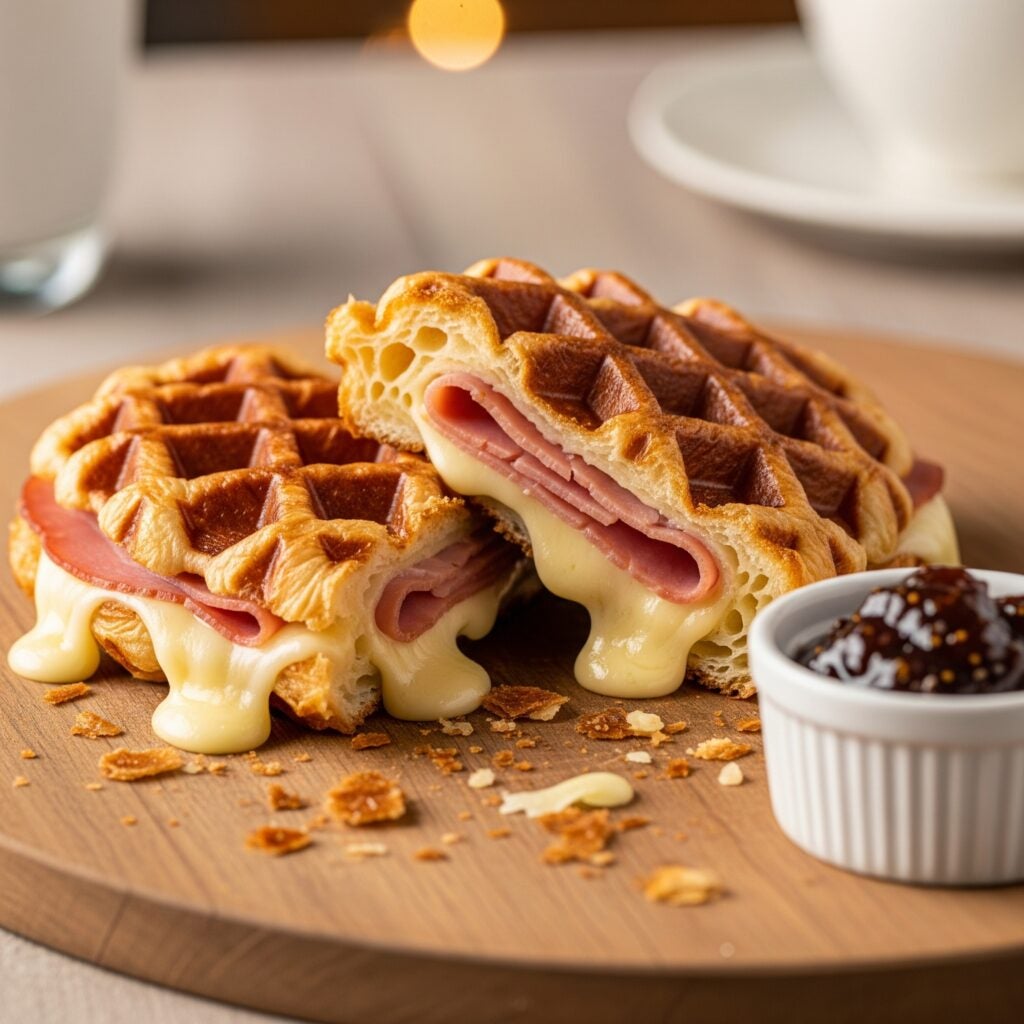 A golden-brown, waffle-pressed croissant sandwich oozing with melted cheese and ham sits sliced in half on a wooden board next to a small dish of fig jam.