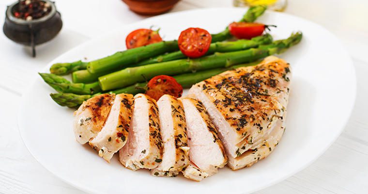 A sliced chicken breast on a white plate with asparagus