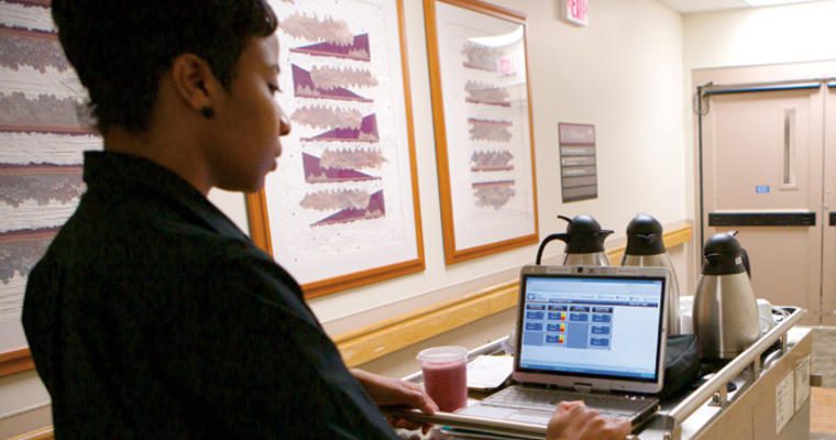 Woman in healthcare facility looking at computer