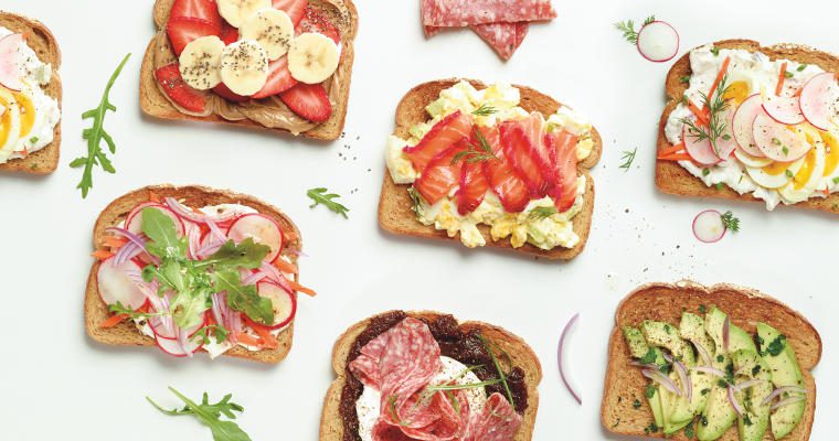A selection of artisan toasts on a white background