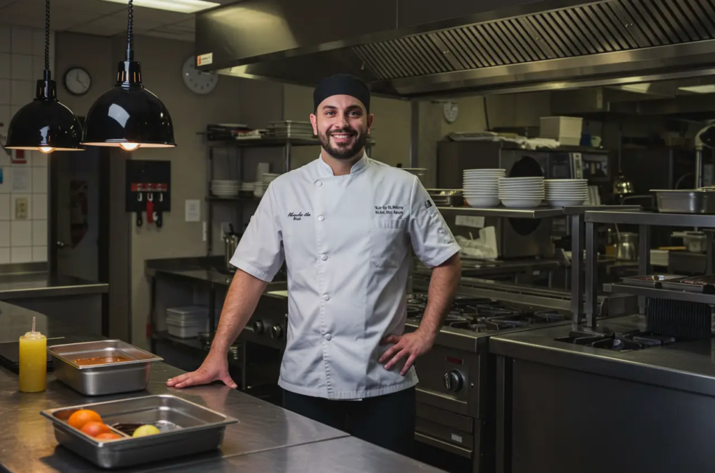 Chef posing in commericial kitchen for camera with one hand on waist and the other hand on the stainless steel counter.