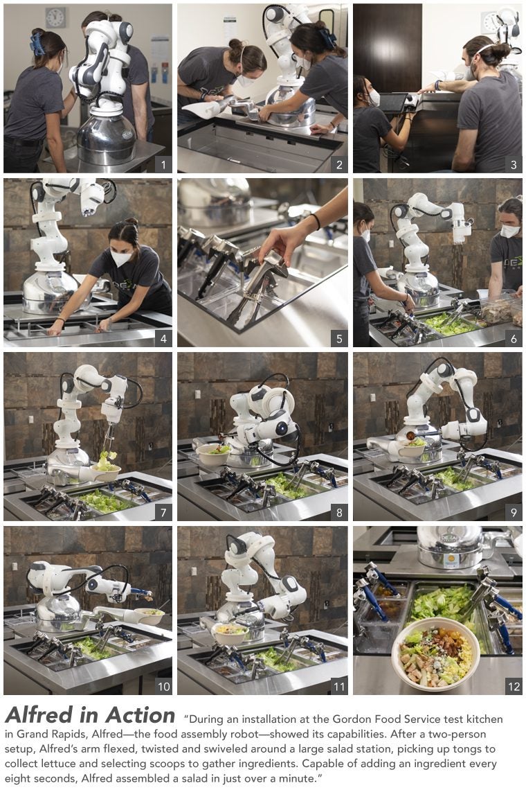 A collage showing Alfred the meal-making robot in all stages of food production.