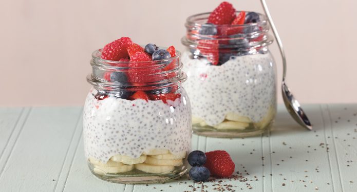 Two cups of Chia Seed Pudding with fruit