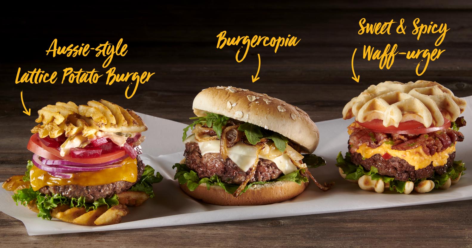 Three burgers: Aussie-Style Lattice Potato Burger