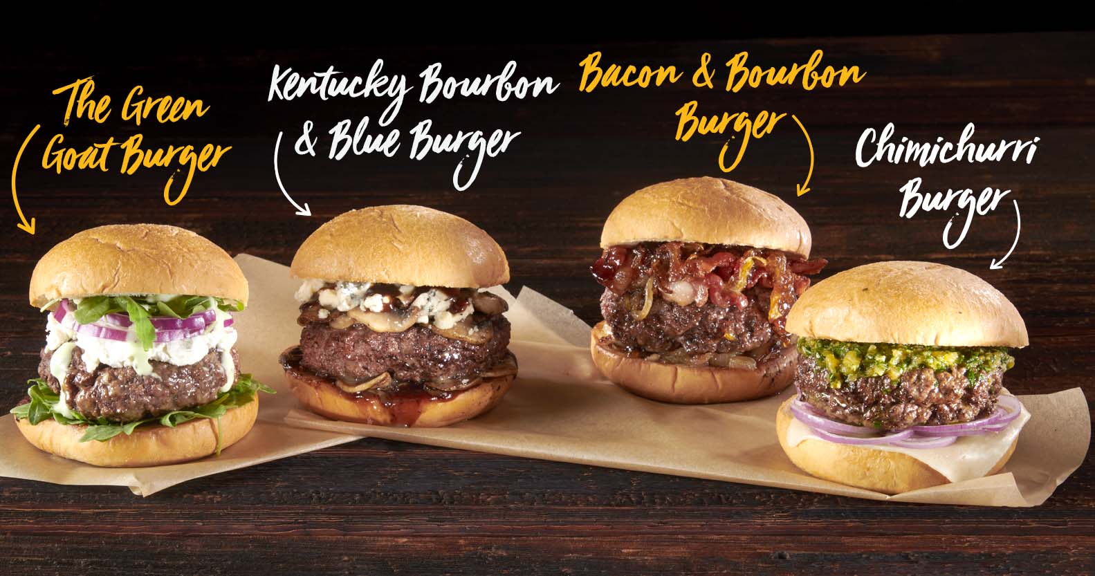 Three burgers: The Green Goat Burger, Kentucky Bourbon Blue Burger, Bourbon and Bacon Burger