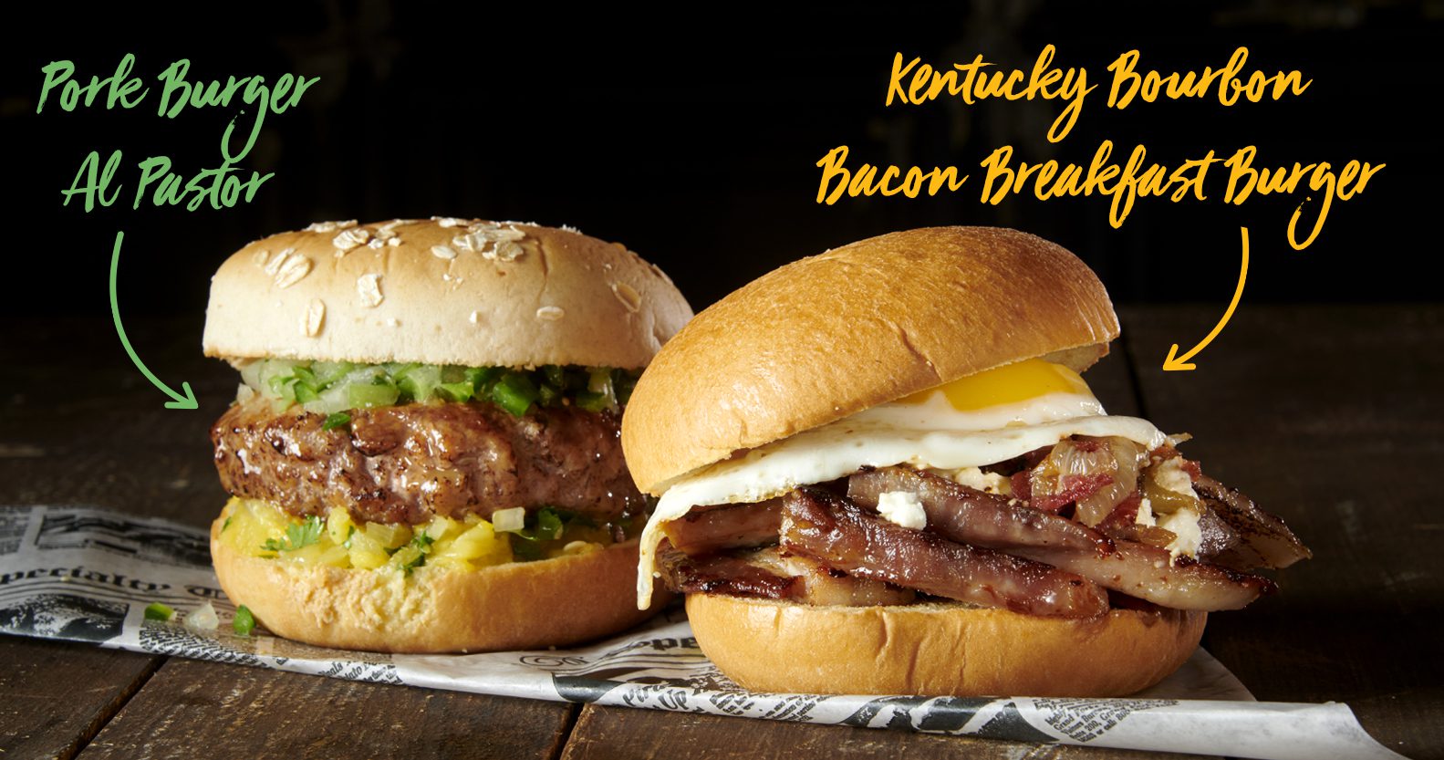 Two alt-burgers: Pork Burger Al Pastor, Kentucky Bourbon Bacon Breakfast Burger