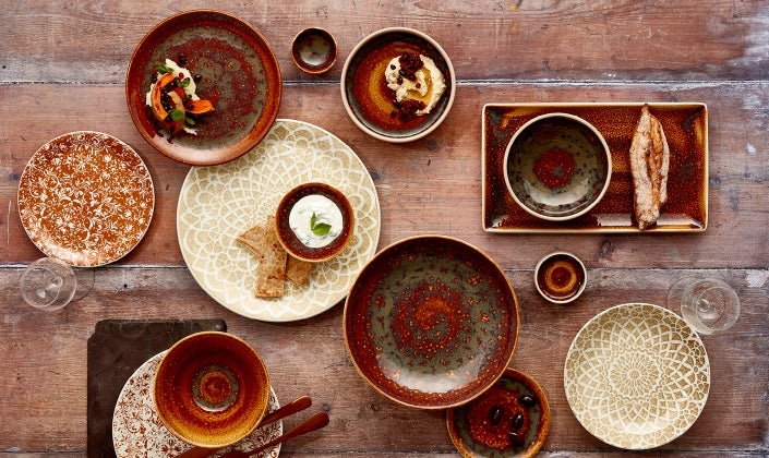 colorful restaurant dinnerware set on the table