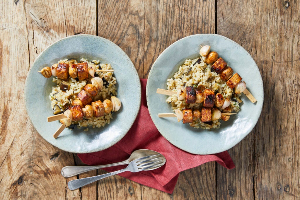 Peruvian Chicken and Veggie Skewers with Farro Salad