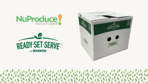 NuProduce Solutions logo on top of the Markon Ready-Set-Serve logo, next to a Markon produce box.