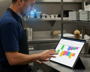 Man using a tablet to analyze data in the back of house in a kitchen for a restaurant, reviewing with AI