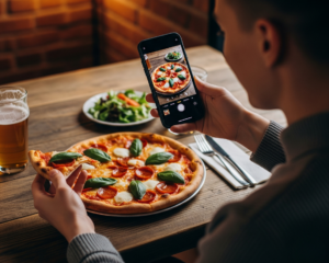A man holding a phone while taking a picture of his pizza plated in front of him on a table.