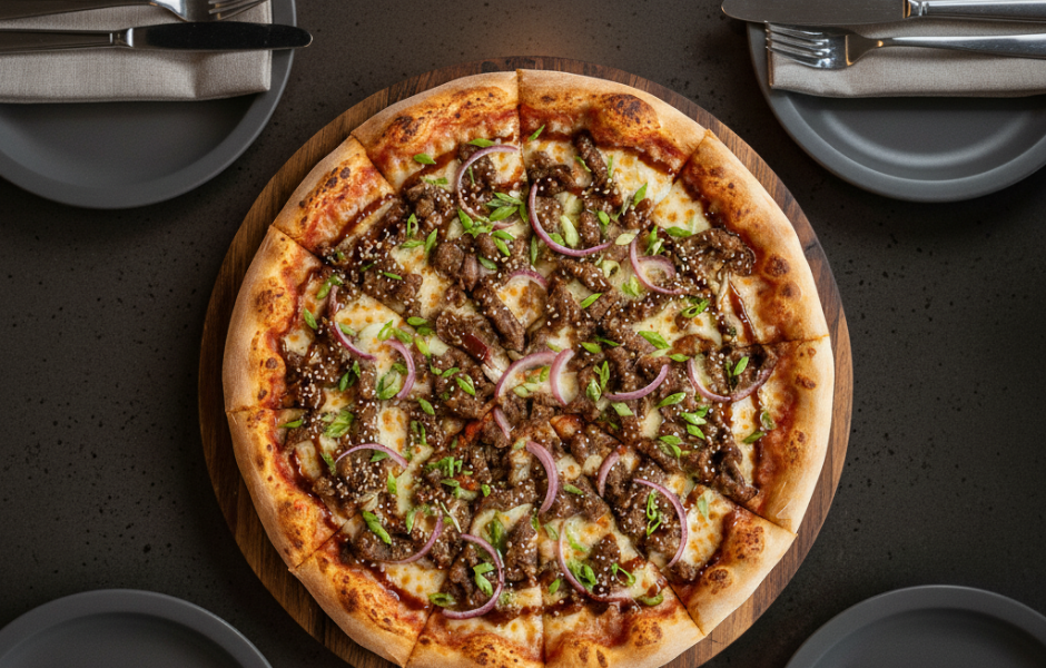 An overhead shot of a sliced Beef Bulgogi Pizza on a wooden board, topped with marinated beef, mozzarella, red onions, green onions, and sesame seeds.