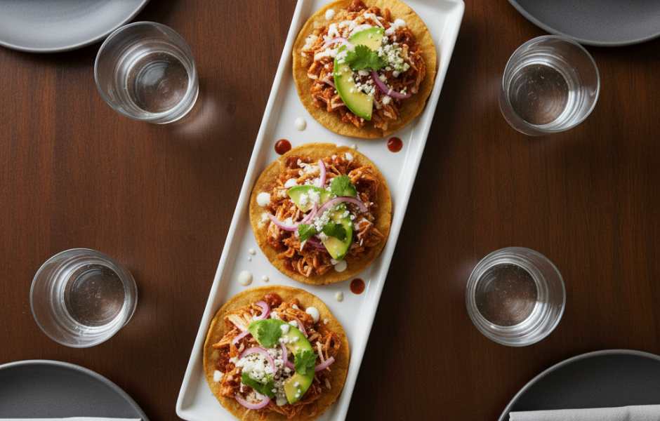 Overhead shot of three Chicken Tinga Tostaditas served on a long, modern white rectangular plate, garnished with shredded cheese, sliced red onion, avocado, cilantro, and a drizzle of crema and hot sauce, surrounded by water glasses and gray plates on a dark wooden table.