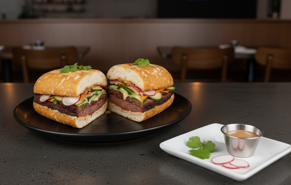 A perfectly sliced brisket banh mi sandwich, showing off the smoked meat and colorful pickled vegetables on a rustic roll, served on a black plate next to a dipping sauce.