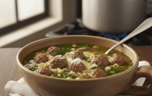 A close-up of a serving of Italian Wedding Soup with small meatballs, pasta, and spinach, garnished with grated Parmesan cheese, sitting on a wooden table with a large pot out of focus in the background