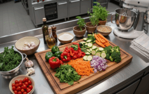 " An overhead, wide shot of a stainless steel commercial kitchen counter featuring a wooden cutting board piled with vibrant sliced vegetables, including red peppers, carrots, and broccoli, surrounded by bowls of fresh produce and kitchen equipment."