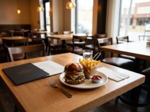 A gourmet burger on a pretzel bun sits on a wooden restaurant table alongside a basket of crinkle-cut fries, a side of ketchup, and a menu in a warm, dimly lit dining room.