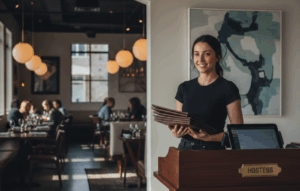 A smiling restaurant hostess in a black t-shirt and jeans stands behind a wooden podium, holding a stack of brown menus in a modern, sunlit dining room.