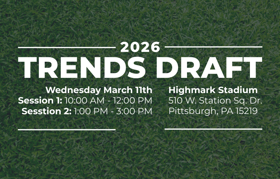 Gemini said An event flyer for the 2026 Trends Draft featuring white text over a green grass background, announcing two sessions on Wednesday, March 11th, at Highmark Stadium in Pittsburgh, PA.