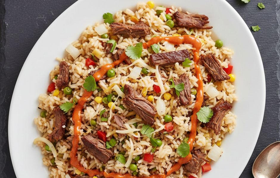 A vibrant platter of Birria Fried Rice featuring crispy beef chunks, mixed vegetables, and melted cheese, all drizzled with creamy sriracha and garnished with fresh cilantro.