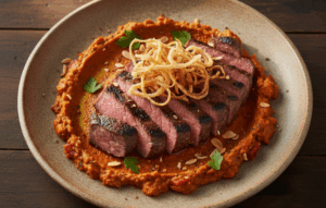 Slices of grilled skirt steak are fanned over a vibrant, textured carrot romesco sauce and topped with a delicate nest of crispy fried shallots on a rustic ceramic plate.