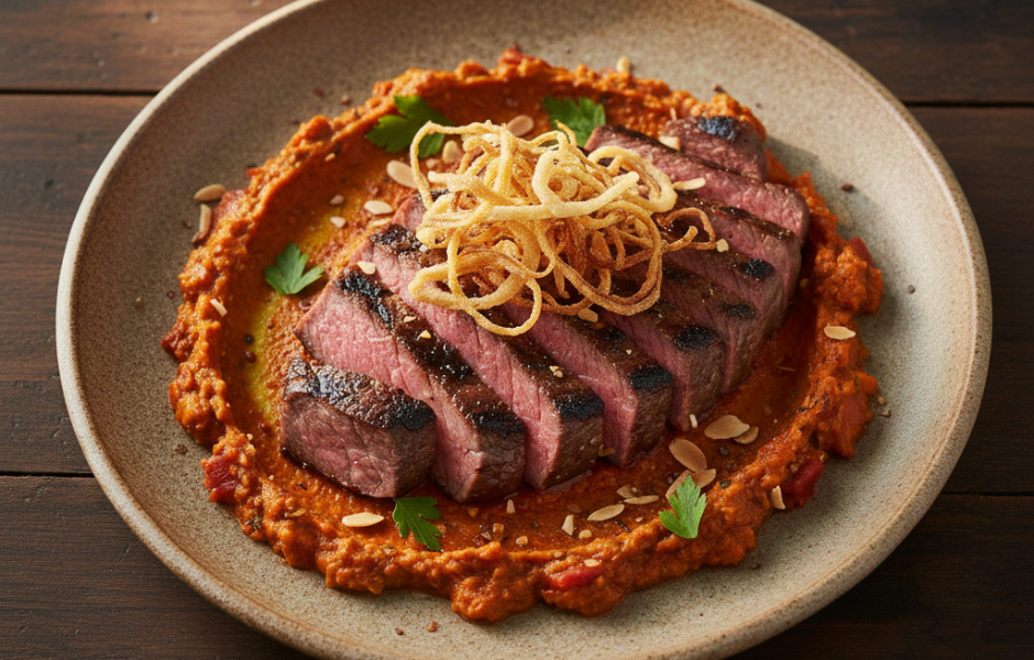 Slices of grilled skirt steak are fanned over a vibrant, textured carrot romesco sauce and topped with a delicate nest of crispy fried shallots on a rustic ceramic plate.