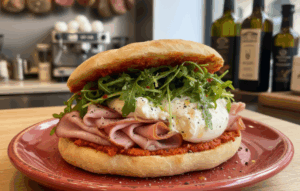 A gourmet Tuscan sandwich on a red plate features a toasted Schiacciata bun layered with vibrant red pesto, folded mortadella, a creamy burrata ball, and fresh arugula in an authentic Italian deli setting.