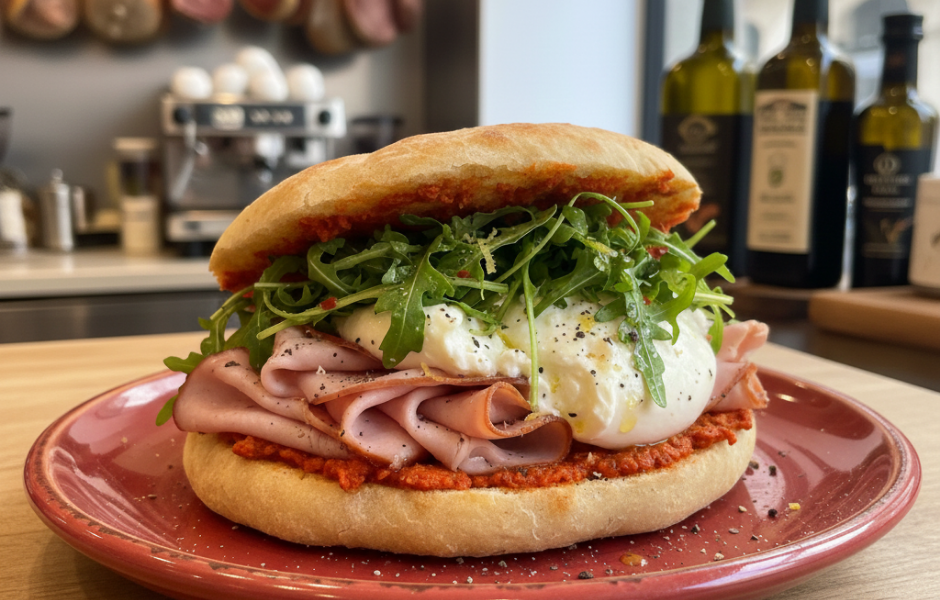 A gourmet Tuscan sandwich on a red plate features a toasted Schiacciata bun layered with vibrant red pesto, folded mortadella, a creamy burrata ball, and fresh arugula in an authentic Italian deli setting.