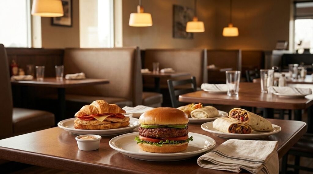 A wooden dining table inside a cozy, dimly lit restaurant is set with plates featuring a burger, a croissant sandwich, and breakfast burritos.