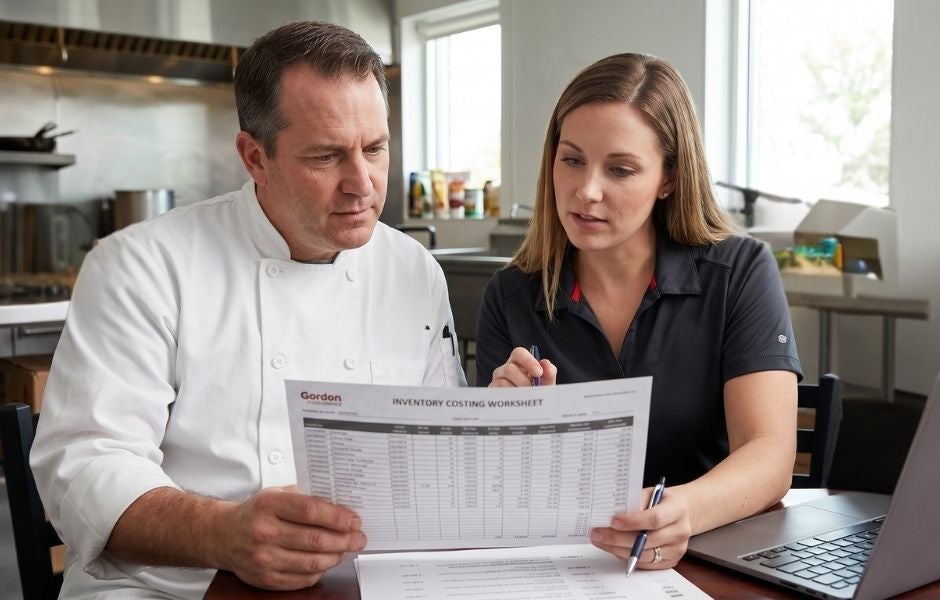 A male chef in a white uniform and a female manager sit together at a table in a kitchen, reviewing an "Inventory Costing Worksheet" printout while working next to an open laptop.