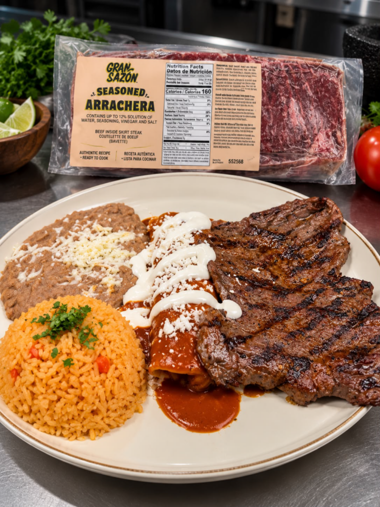 Grilled arrachera steak served on a plate with Mexican rice, refried beans, and enchiladas alongside Gran Sazón meat packaging.