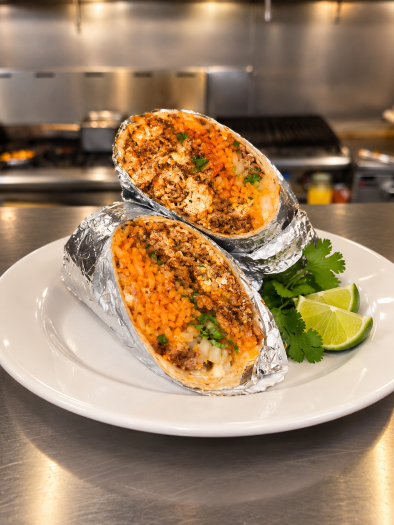 A foil-wrapped burrito cut in half to show meat, rice, and cilantro filling, served with lime wedges on a plate.
