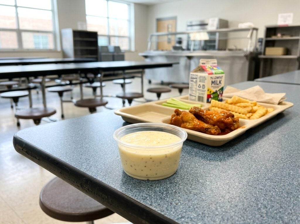 School lunch tray with chicken wings, crinkle-cut fries, milk, celery, and dipping sauce sits on a cafeteria table.