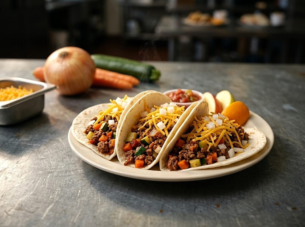 Three soft tacos filled with seasoned ground meat, vegetables, and shredded cheese sit on a plate with fresh fruit slices.