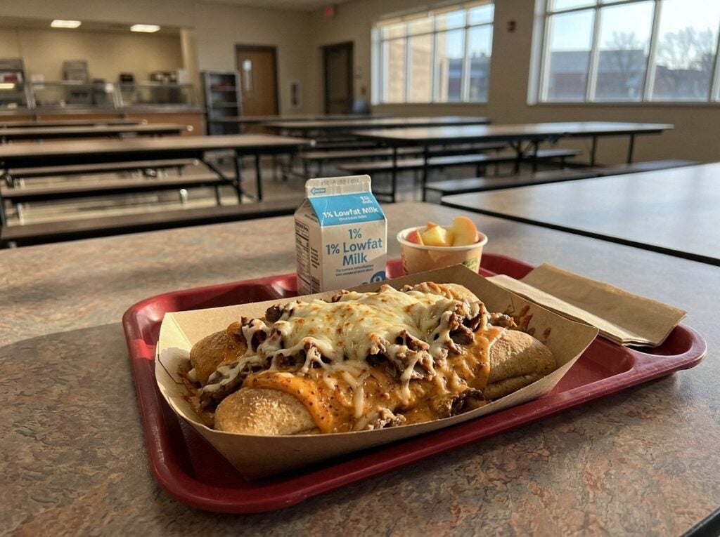 School cafeteria lunch tray with a melted cheese sub sandwich, carton of low-fat milk, and sliced apples.