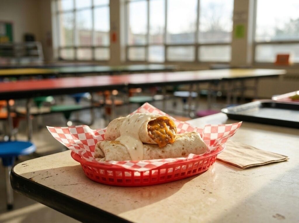 A basket of warm chili burritos topped with queso sits on a school cafeteria table.