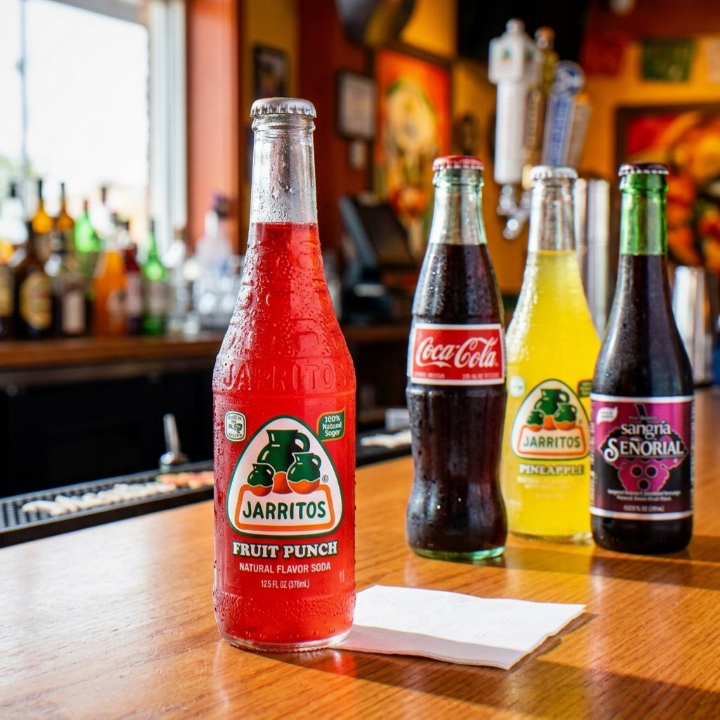 Bottles of Jarritos soda, Mexican Coca-Cola, and Sangría Señorial sit on a wooden bar counter.