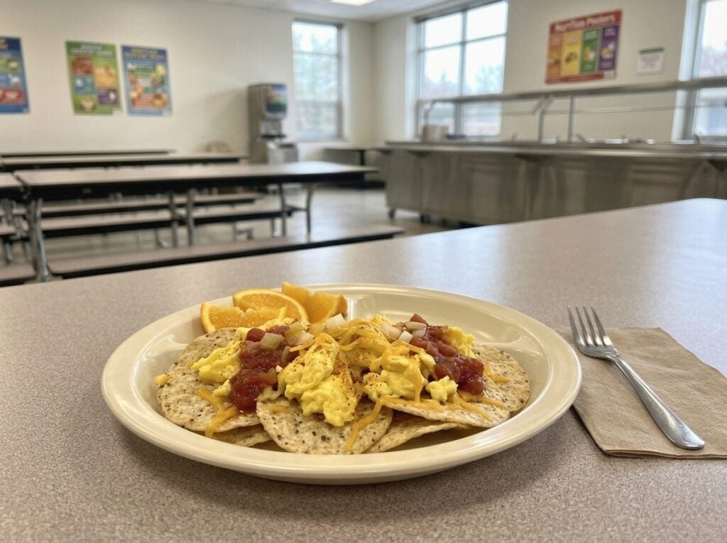 Breakfast nachos with scrambled eggs, cheese, salsa, and orange slices sit on a tray in a cafeteria.