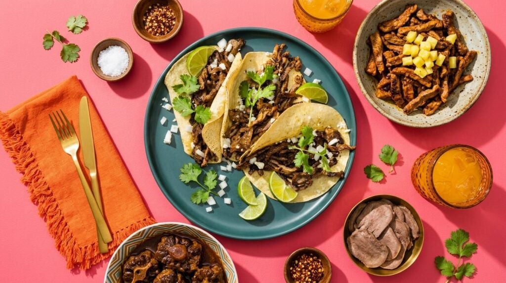 A plate of three beef tacos topped with fresh cilantro, onions, and limes served with traditional Mexican sides