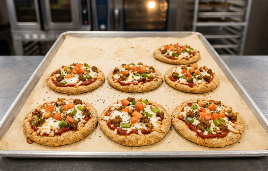 Seven mini whole-grain pizzas topped with cheese, diced tomatoes, and peppers sit on a parchment-lined baking sheet.