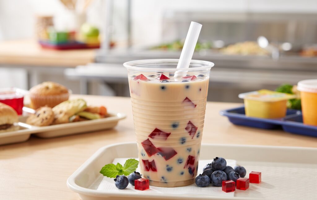A clear plastic cup of milk tea with blueberries and red gelatin cubes sits on a tray with fresh berries and mint.