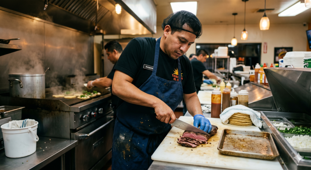A cook in a blue apron slices grilled steak on a cutting board in a busy taqueria kitchen.